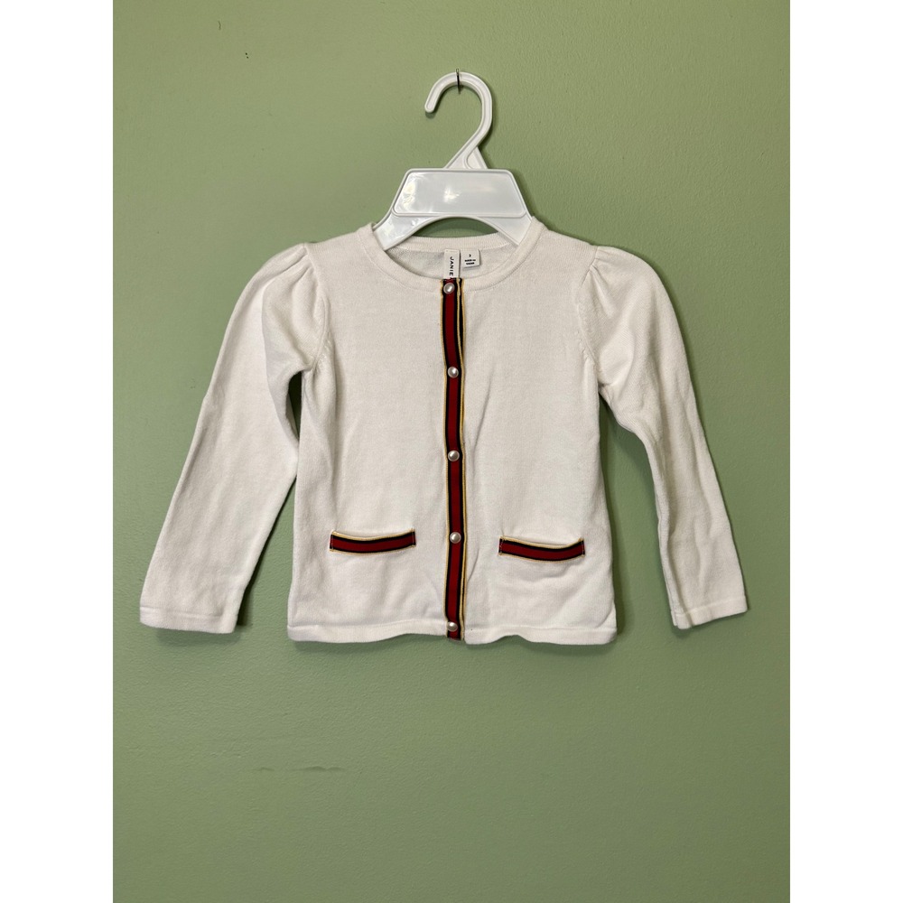 Janie and Jack Girls White Cotton Cardigan Sweater Pearl Buttons Size 3 Classic